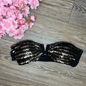 Victoria’s Secret Black bandeau with gold sequins. V gold metal in the middle.
